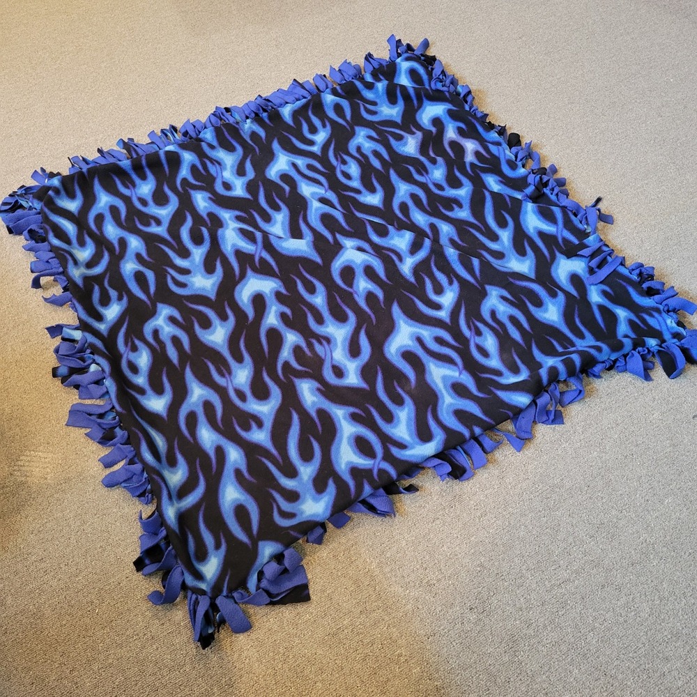 Blue Flame Fleece Throw Blanket Hand Tied Fringe Knot Edge Y2K Grunge 46x46